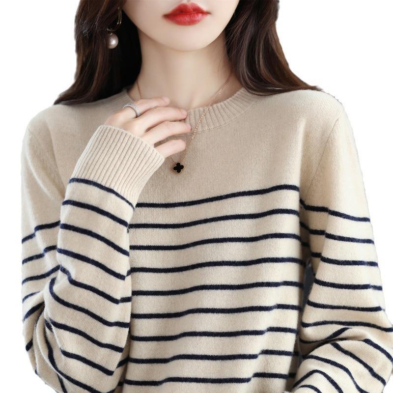 Women's spring and autumn new crew neck temperament retro inner sweater striped loose knitted bottoming shirt