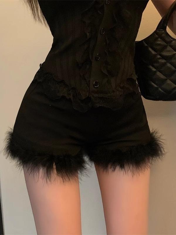 

Women s Casual Pants High-end Black Fur Design Patchwork Pants New Spring High Waist Hip Shorts S