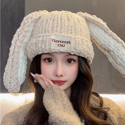 Cappello in Lana Spessa con Lunghe Orecchie di Coniglio Carino Coreano per Donna in Autunno e Inverno Nuovo Ispessito Caldo Protezione per le Orecchie Cappello in Maglia Puro Fatto a Mano