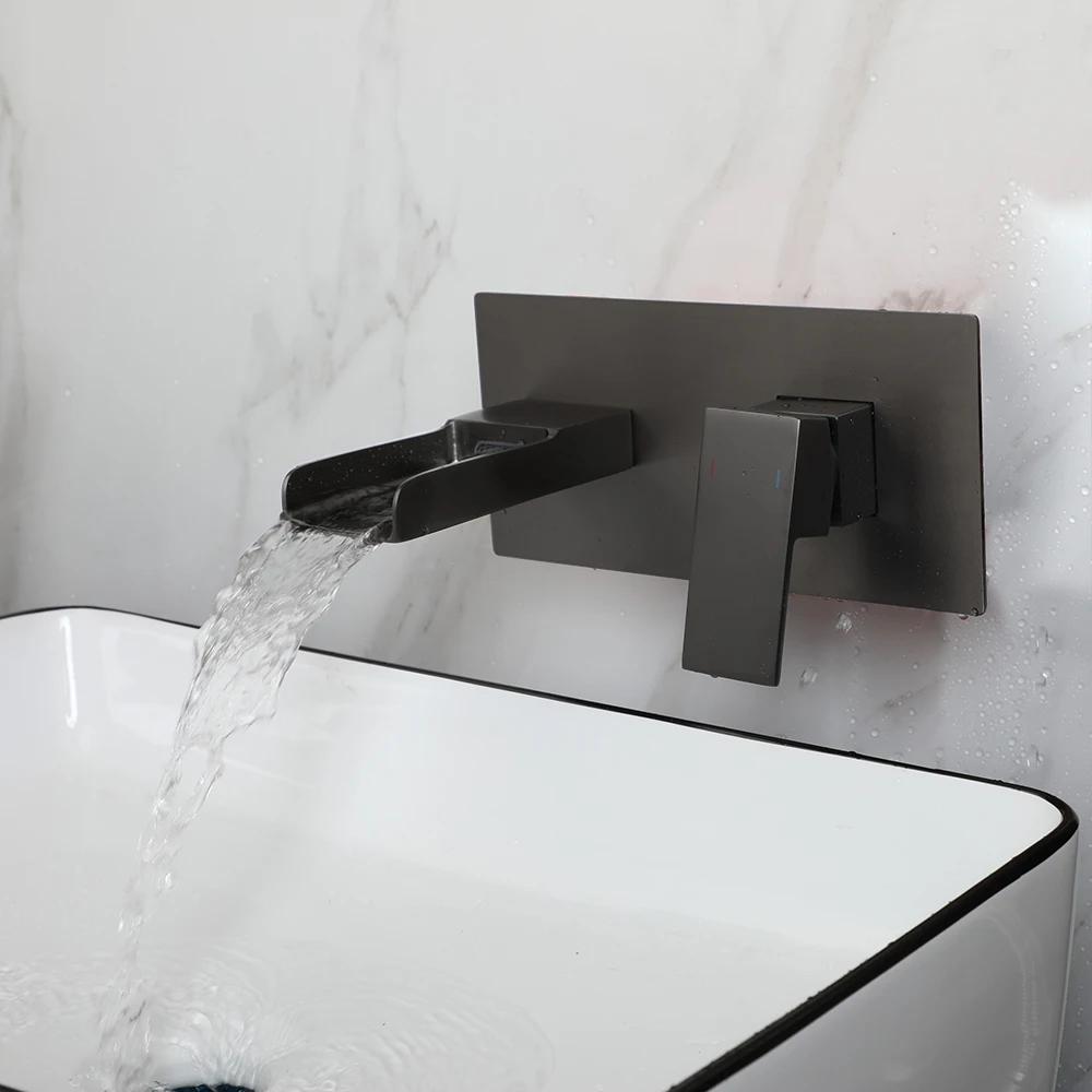 

KEMAIDI Matte Black Basin Faucet Embedded Box Valve Bathroom Sink Faucets Wall Mounted Single Handle Waterfall Mixer tap Crane сірий