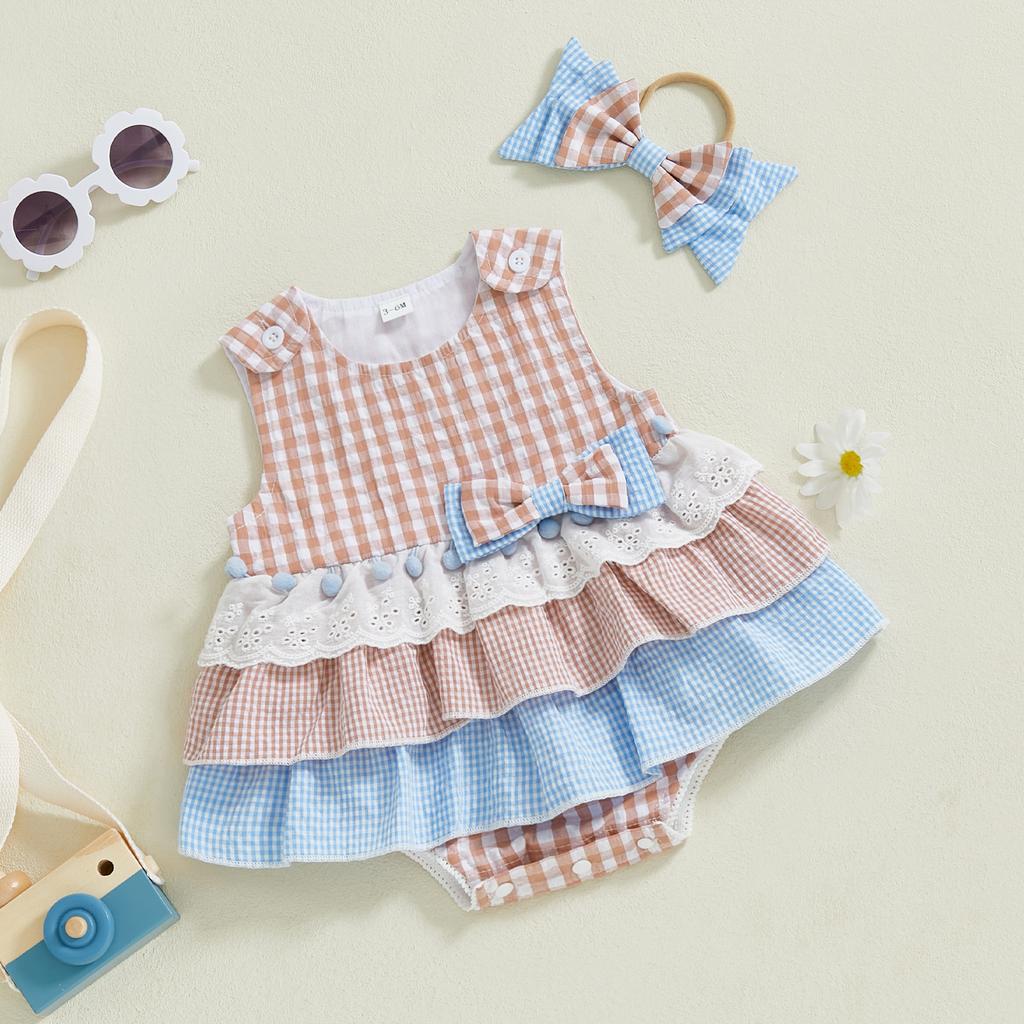 Newborn Girl Outfit, Sleeveless Plaid Patchwork Romper Dress with Bowknot Hairband Summer Clothes