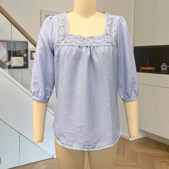 Camicetta da Donna Scollo Quadrato Manica 3/4 Colore Unico Casual Vestibilità Larga Pizzo Intrecciato Estiva Traspirante Top