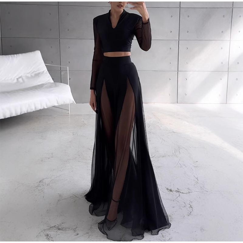 Trendy Two-piece Set Female Casual V-neck Black Long Sleeves Tops Fashion Wrap Hips A-line Mesh Skirts for Women