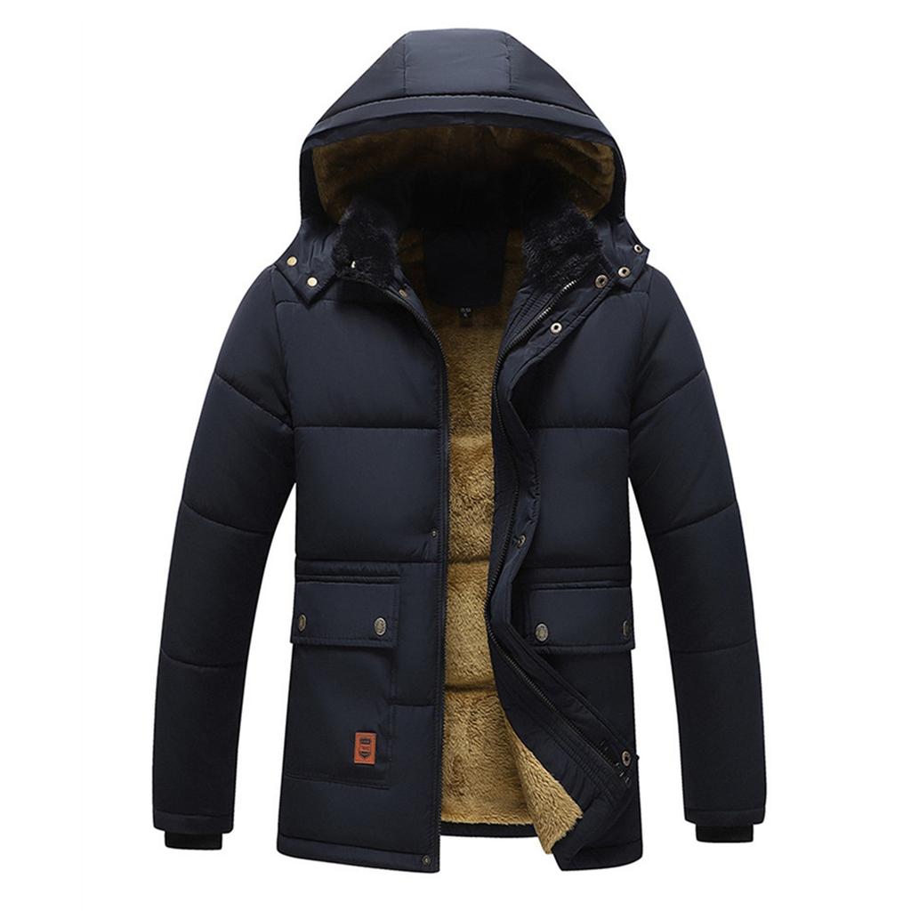 Winter Hooded Men's Cotton-padded Jacket With Collar And Fleece Thickened Slim Medium Long Cotton-padded Coat Men