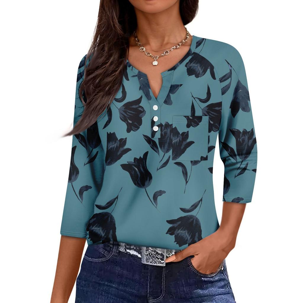 Women's Casual Fashion V-neck Loose Versatile Floral Print Three-quarter Sleeves