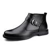 Men's High-Top Leather Slip-On Boots: Formal Casual Cowhide Shoes for Autumn/Winter with Warm Cotton, Large Sizes Available.