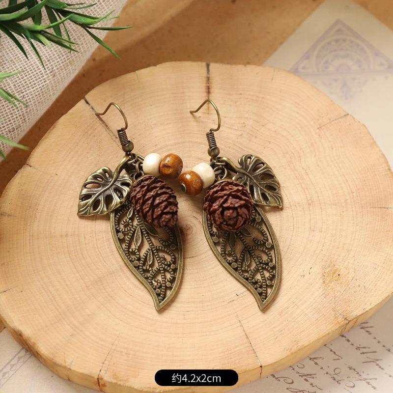 Retro niche literary earrings, natural plant fruits, wooden dried fruits, long fringed women's earrings