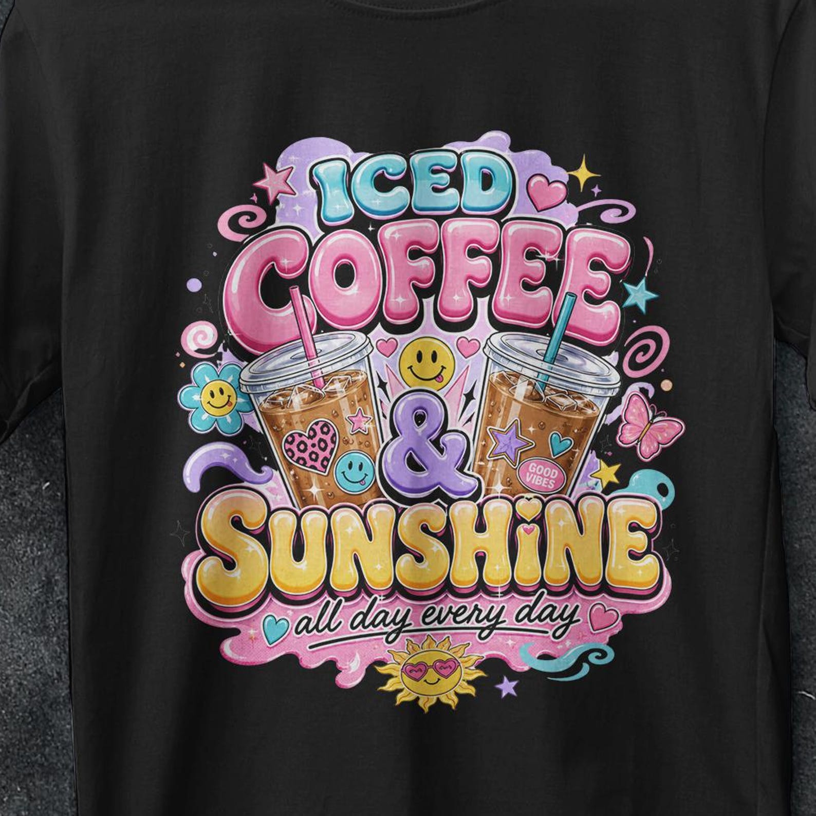 Iced Coffee and Sunshine Shirt, funny gifts, Iced Coffee Shirt, Coffee Lover Gift, Summer Vibes Shirt, vintage t shirt, Coffee T Shirt, gift 4XL
