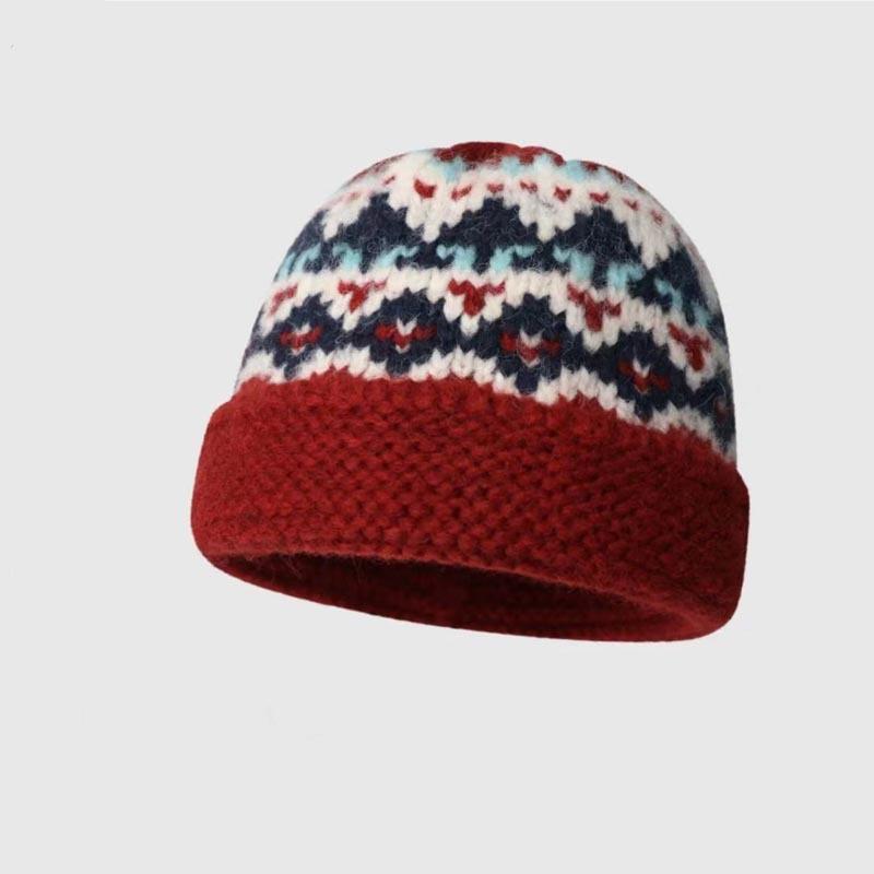

1pc Women Warm Knitted Beanies Cap Boho Knitting Bucket Hats Knit Fishing Hat Handmade Crochet Hats Striped Floral Checkerboard One Size бордовый
