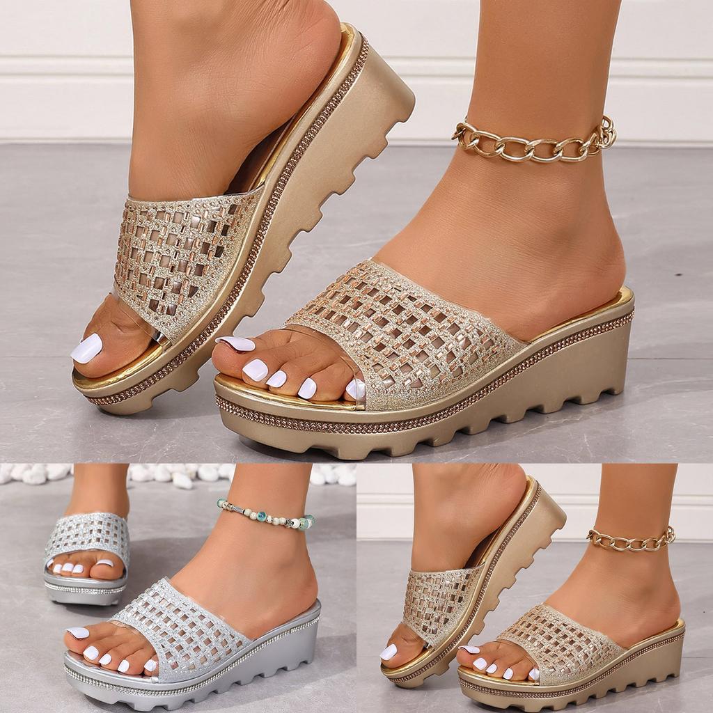 Elegant Narrow Band Clip Toe Shoes Ladies Rhinestone Hollow Thick Bottom Outside Wear Slope With Large Size