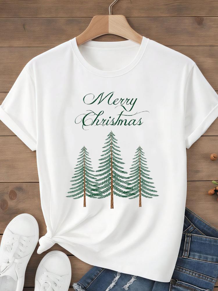 (Asian Size)sweet tree Tee Top festival  Merry Christmas New Year Holiday Women Print Lady Short Sleeve Fashion Graphic T-shirts