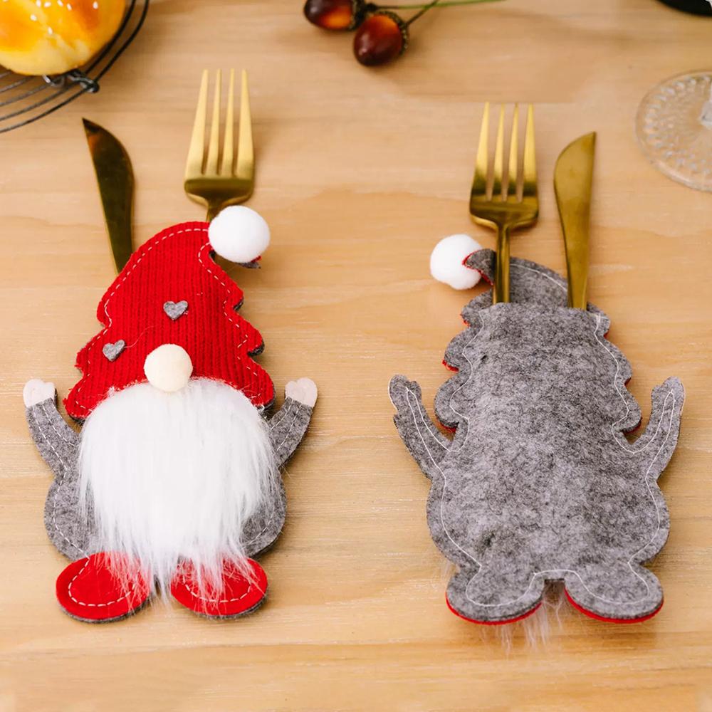 Christmas Cutlery Holder Bags Xmas Caps Santa Claus Snowflake Knife Fork Cover Set Party Dinner Table Tableware Decor Supplies