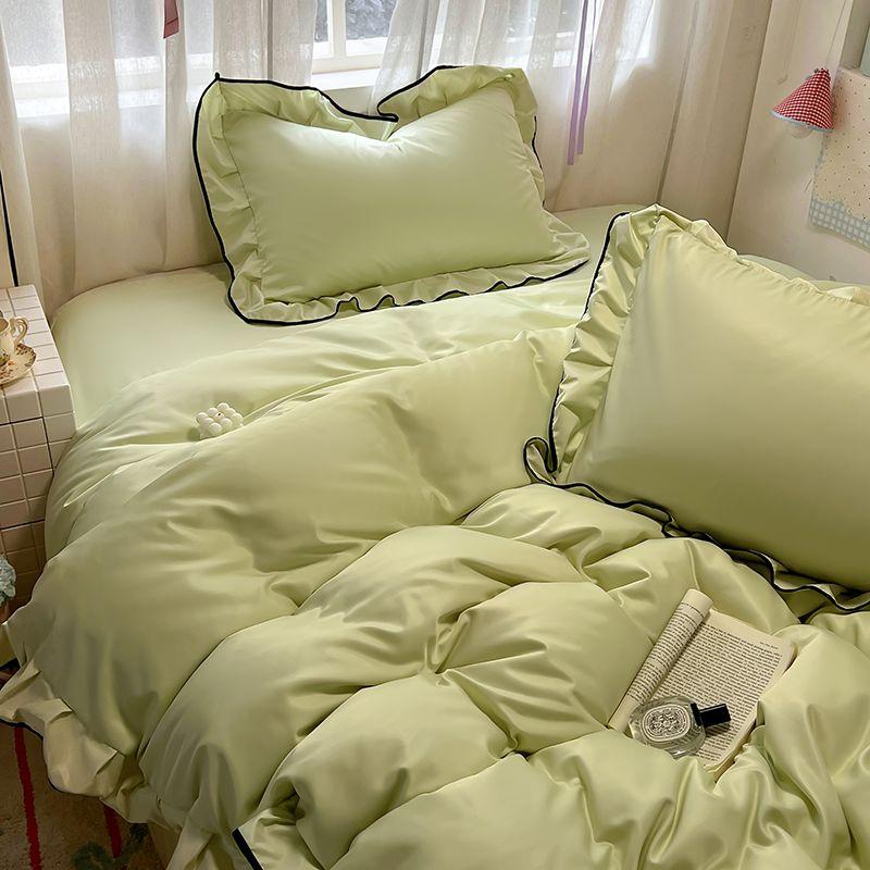 

Korean Style Ins Green Washed Ice Silk Floral Duvet Cover Four-Piece Set Cool Feeling Student Sheets Dormitory Bed Sheet Three-Piece Set 150*200cm single quilt cover Lace Ice Silk-Green