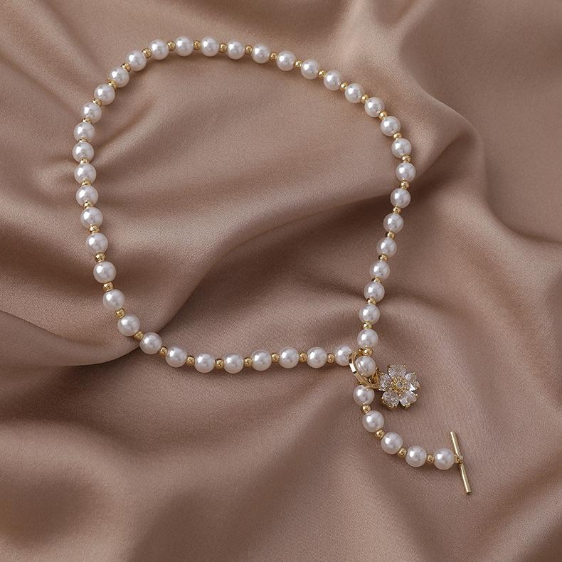 Zircon Flower Pearl Necklace Niche Design Sense 2025 Clavicle Chain Summer Versatile OT Buckle Accessories