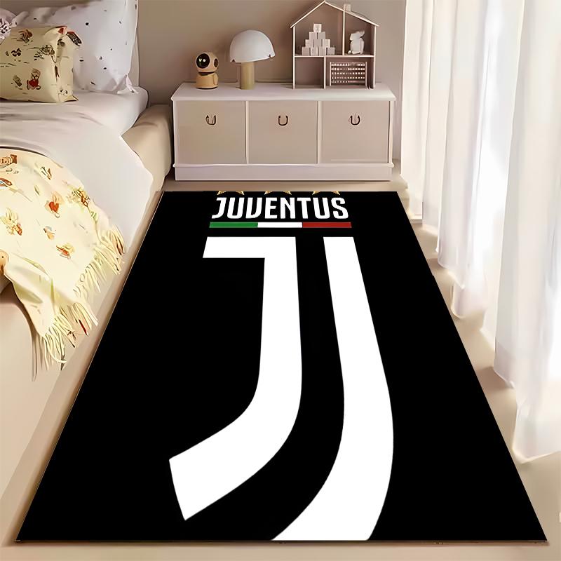 Football Club Area Rug, Juventus FC White J Logo 3 Stars Italian Flag Black Print, Soccer Fan Room Decor, Non-Slip Mat