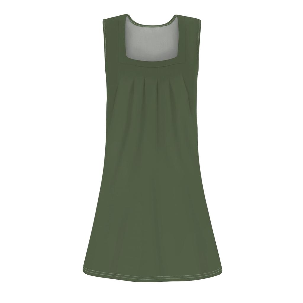 Women's Fashion Casual Square Neck Sleeveless Dress Pleated Tank Dress Print Beach Dresses