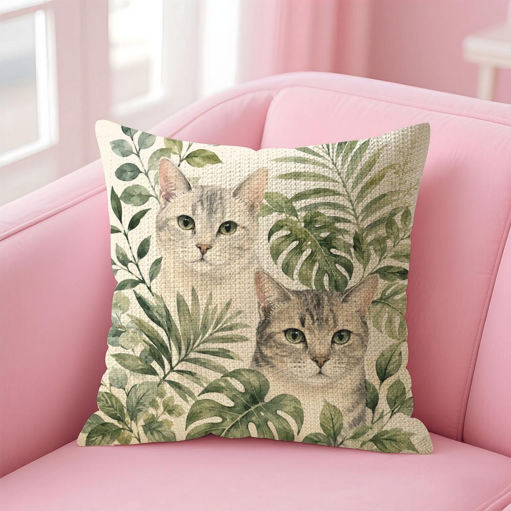 Tropical Jungle Flora Cat Cushion Cover Natural Linen Organic Fabric DoubleSided Printing Sofa Home Decor Gift Pillow Case