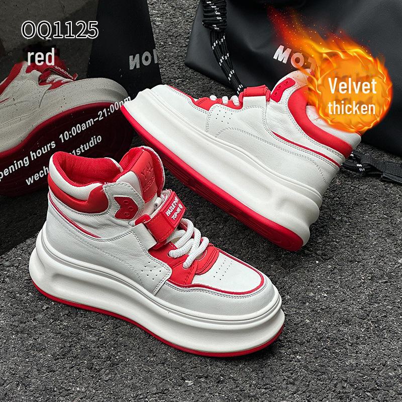 Women's High-Top Genuine Leather Velcro Sneakers with Thick Soles - Height-Enhancing Casual Sports Shoes for Spring & Autumn 2025