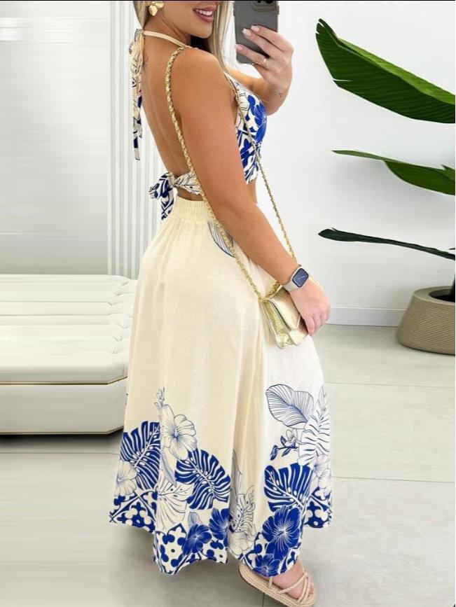 Sexy Tropical Print Halter Backless Long Dress Two-Piece Set for Women