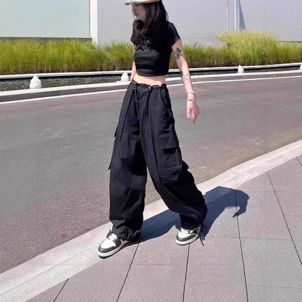 Women's Black Quick-Dry Wide-Leg Cargo Pants for Summer - Petite Jazz Street Dance Trend