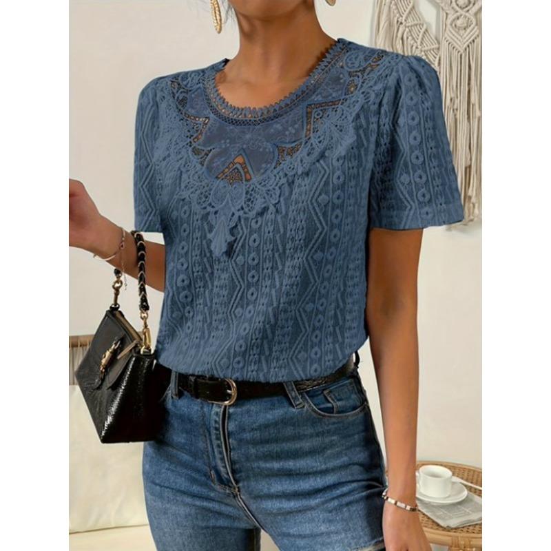 Nuova Blusa Estiva con Inserti in Pizzo da Donna Camicie Scollo Tondo Traforate Top alla Moda Manica Corta Colore Unito Dolce Abbigliamento Largo Elegante