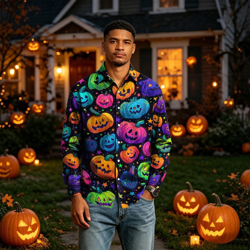 Men's Long Sleeve Button-Down Halloween Print Shirt for Casual Party Wear