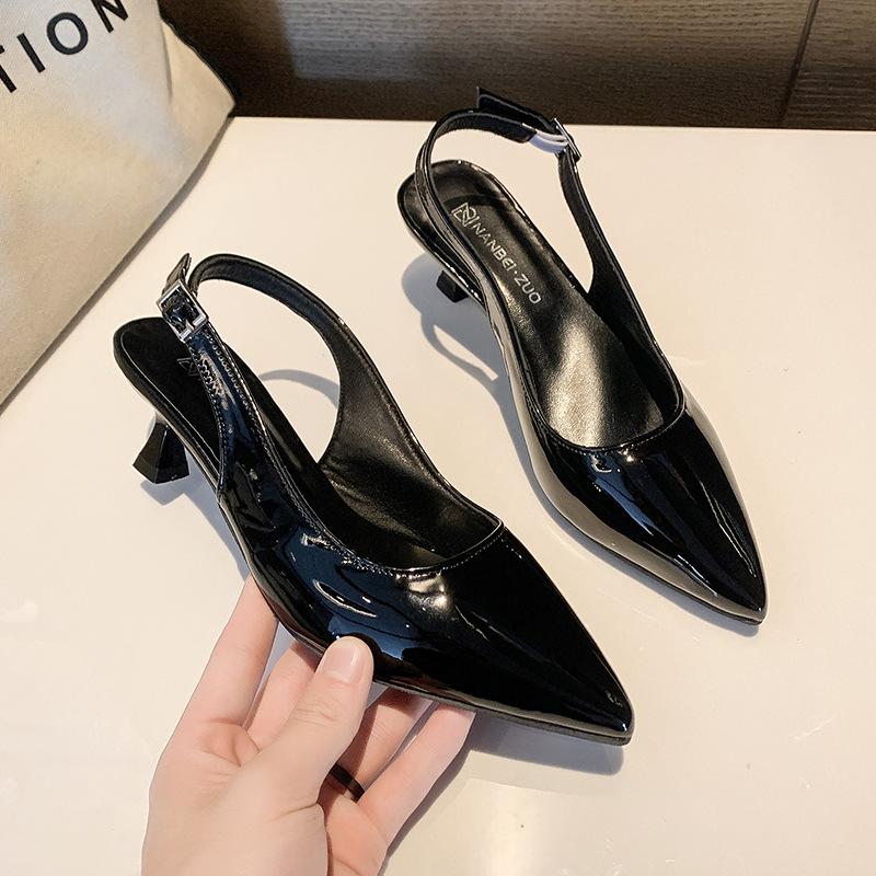 French Lacquer Leather Baotou Sandals for Women 2025 Summer New Versatile Fine Heel Pointed High Heels Mary Jane Shoes Slides 43