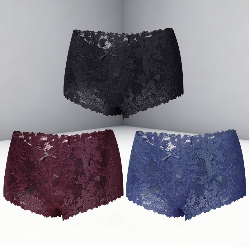 FINETOO 3Pcs Women's Sexy Lace Floral Perspective Boyshorts Solid Color Hollow Out Boxer Panties Female Breathable Transparent Lingerie