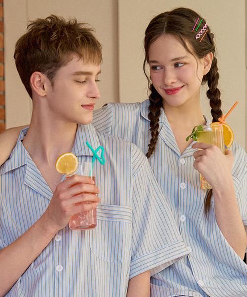 

[Dossy] Silk Fit Breeze Short-Sleeve Couple Pajama Set [Shipped from Korea] 100% Authentic M