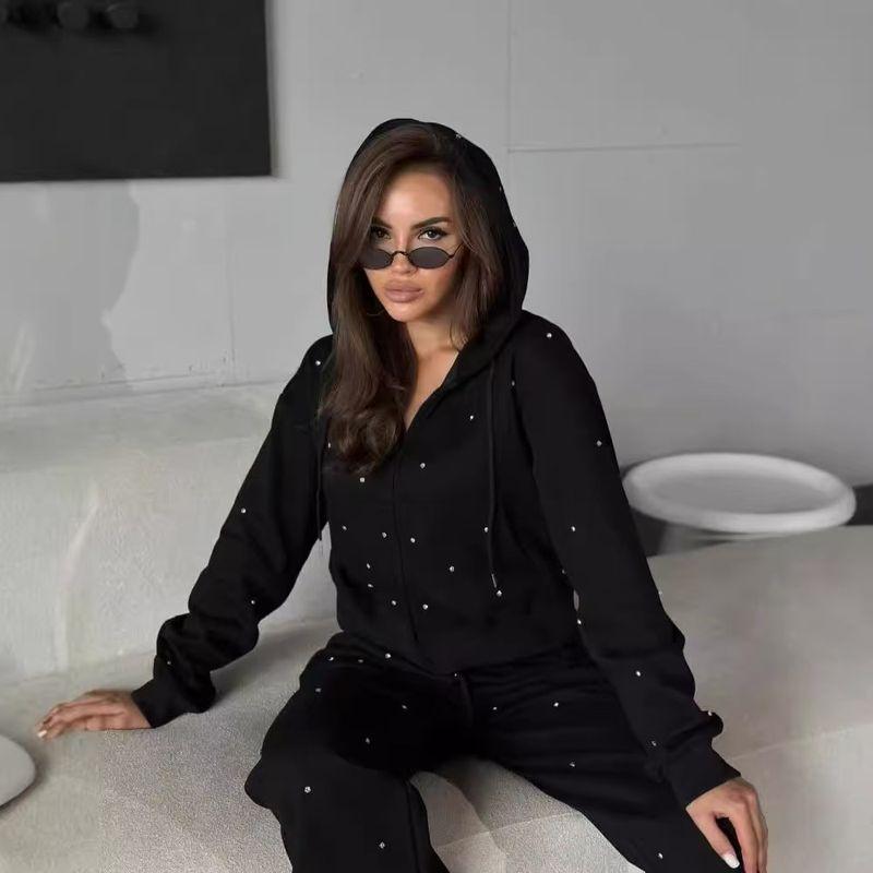 

Худи и брюки в западном стиле с горячей приклейкой, комплект с бриллиантовыми стразами Black S