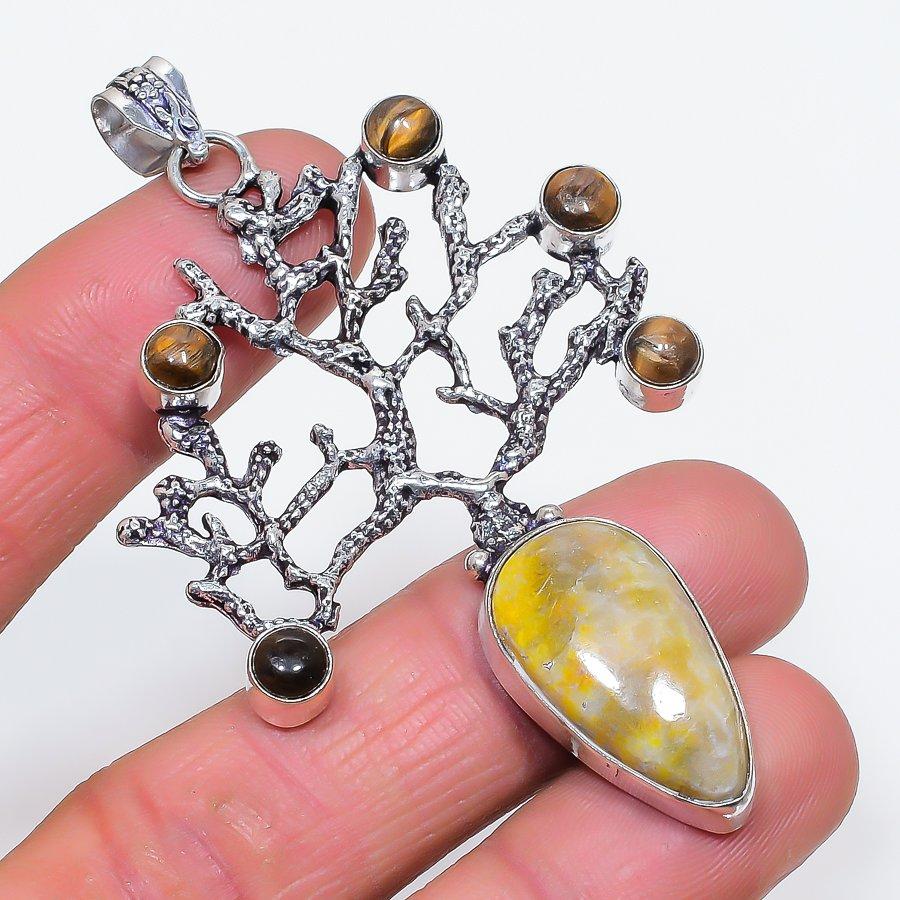 

Natural Prehnite, Tiger Eye 925 Sterling Silver Jewelry Pendant 3.07 l6H27