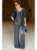 European and American 2024 V-Neck Short-Sleeve Casual Wide-Leg Pants Set