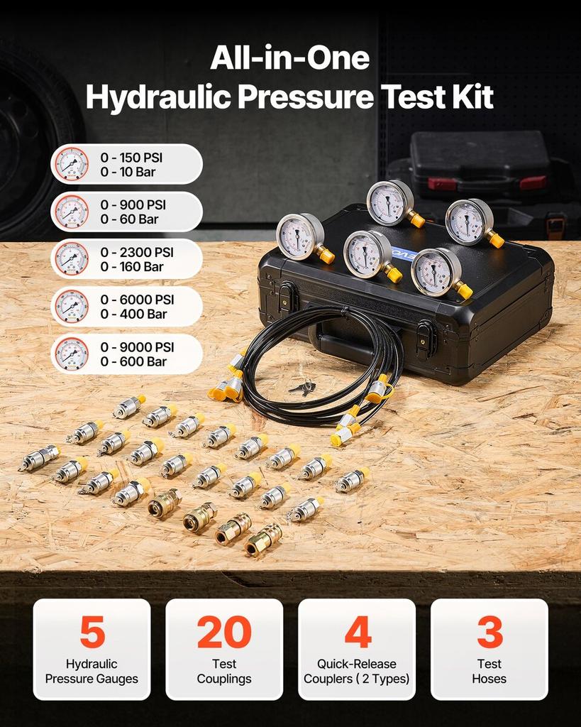 Hydraulic Pressure Test Kit, 10/60/160/400/600 Bar (150/900/2300/6000/9000 PSI), Hydraulic Gauge Kit 5 Gauges 20 Couplings 4 Quick-Release Couplers 3