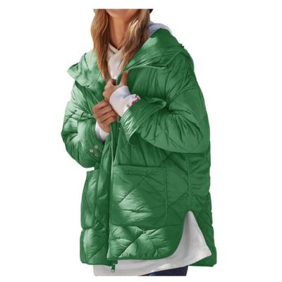Winter Women's Diamond Quilted Jacket, Long Hooded Coat with Large Pocket & Side Slit, Lightweight Zippered Outerwear for Casual Daily Use
