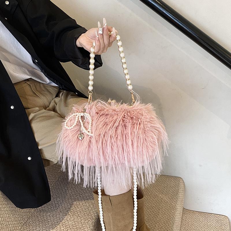 Retro Plüsch Damen Tasche, Fransen-Perlenkette, Flauschige Tasche, Europäisch und Amerikanisch Fee Wind Umhängetasche