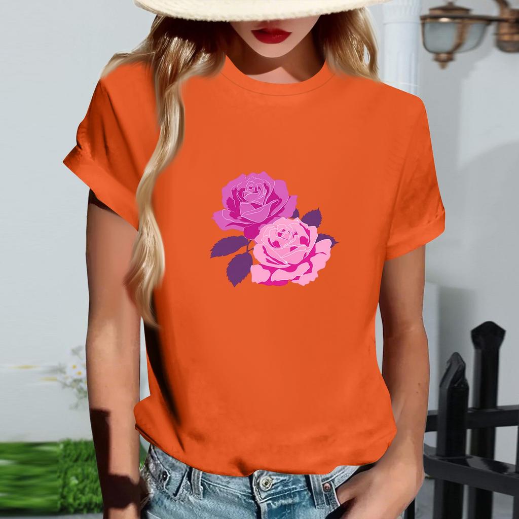 Women's Fashionable Round Neck Casual Retro Print Short Sleeved T-shirt Top