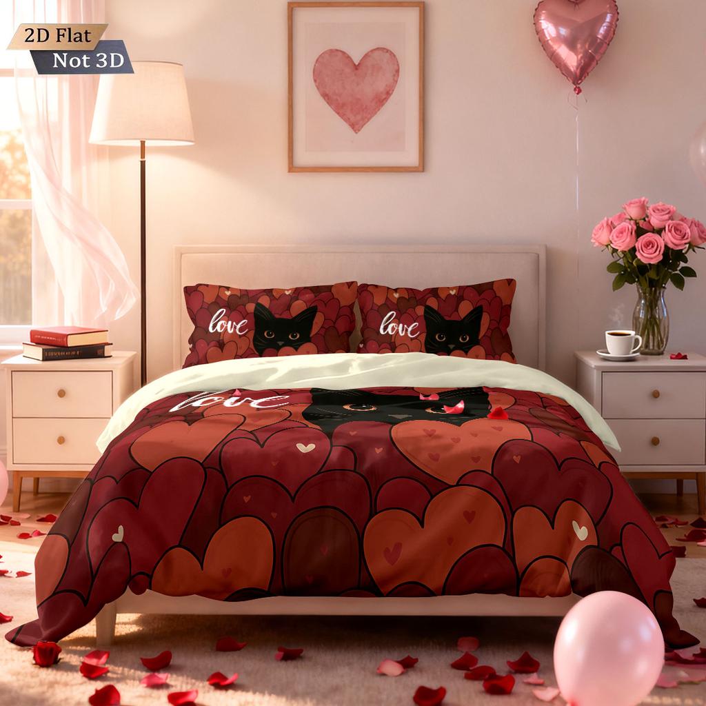 3pcs Valentine's Day Happy Romantic Love Cat Print Core less Down Duvet Cover Set Multi Size Bedroom Bedding Festival Decoration