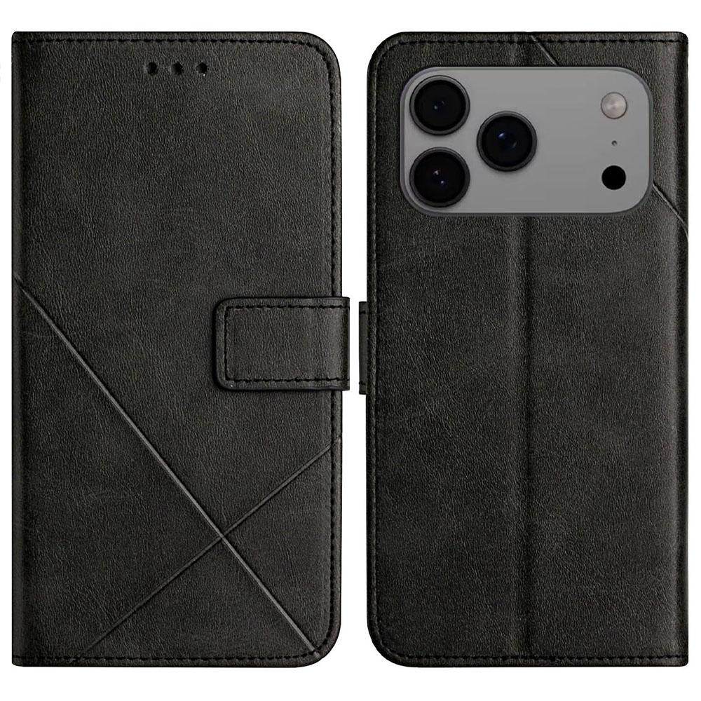 For iPhone 17 Pro Case Line Pattern Wallet Leather Phone Cover with Wrist Strap