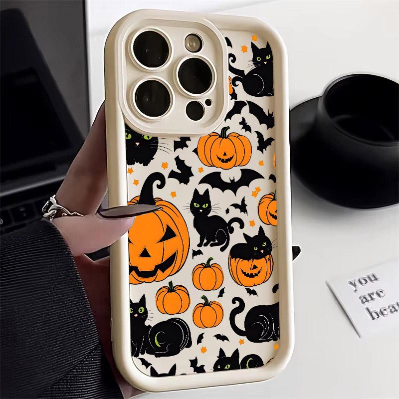 Halloween Cat Pumpkin Bat Silicone Soft TPU Phone Case for iPhone 16 Pro Max 15 Plus 14 13 12 11 17 Air 16E Shockproof Cover