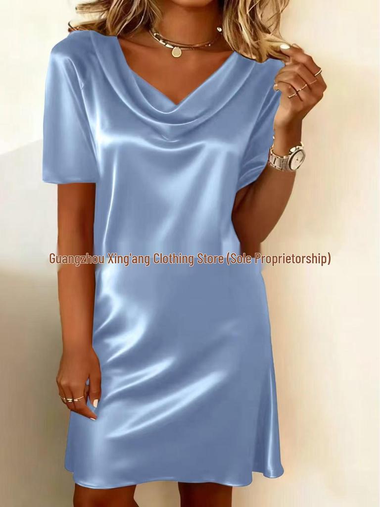 European and American Solid Color Swing Collar Slim Short Sleeve Mid-length Women's Dress