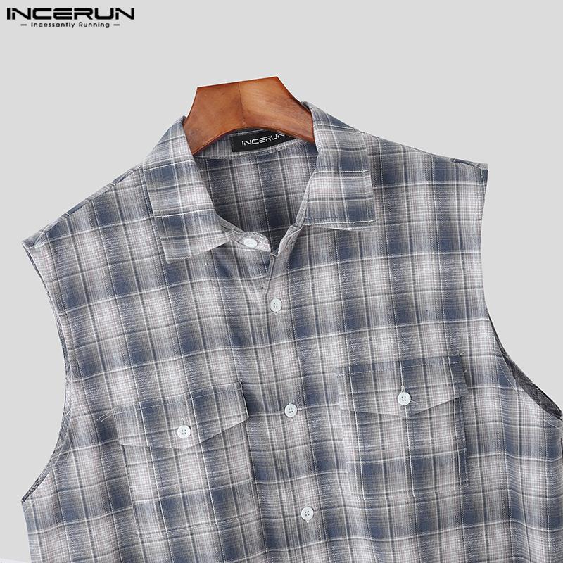 INCERUN Men Lapel Sleeveless Gradient Plaid Print Casual Shirts Tank Tops