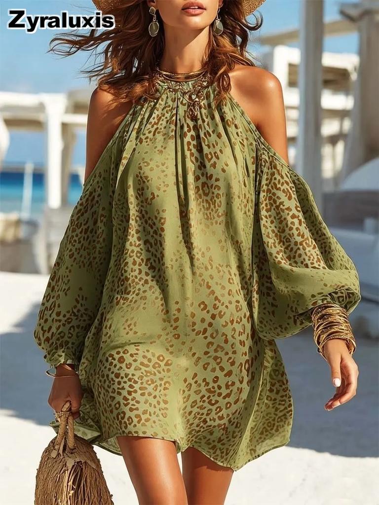 Nuovo Abito Corto da Spiaggia Estivo alla Moda da Donna con Spalle Scoperte e Stampa Leopardo