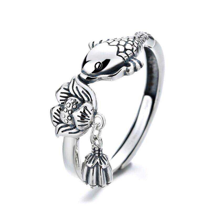 New Personality Creative Carp Lotus 925 Sterling Silver Jewelry Flower Fish Temperament Animal Opening Rings R339