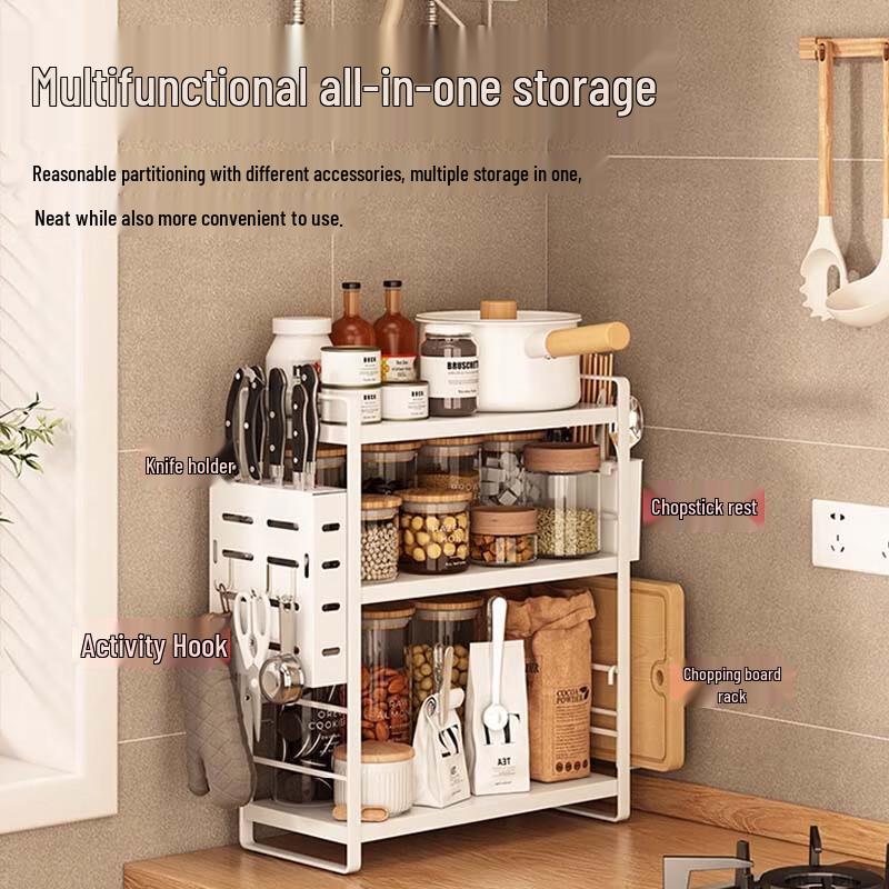 Adjustable 3-Tier Kitchen Spice Rack with Knife & Chopping Board Holder