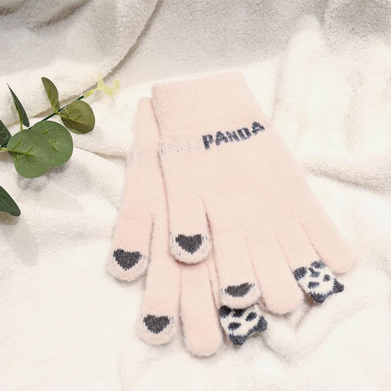 Autumn and winter five-finger gloves knitted student thickened cartoon panda cute warm