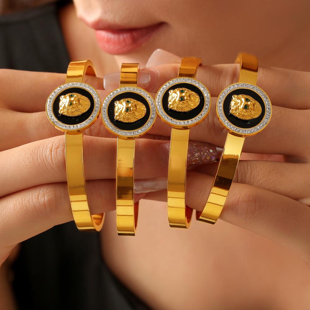 Punk Style Diamond-encrusted Lion Head Round Brand Elastic Opening Titanium Steel Gold-plated Bracelet Niche Personalized Jewelry