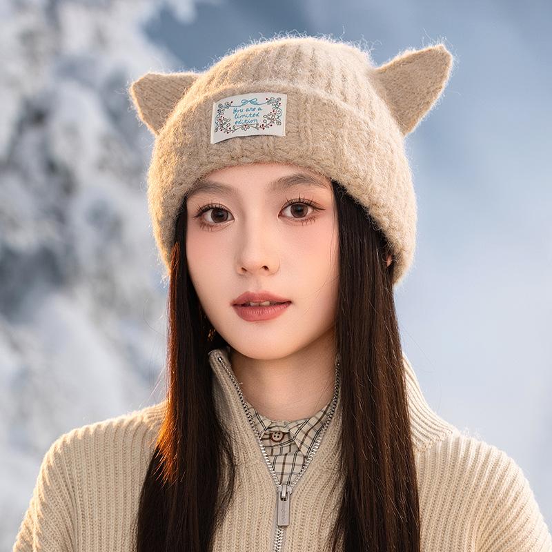 

Модная теплая шерстяная шапка с кошачьими ушками для женщин, осенне-зимняя, утолщенная, ветрозащитная, шапка-пуловер, повседневная шапка с ушками One Size