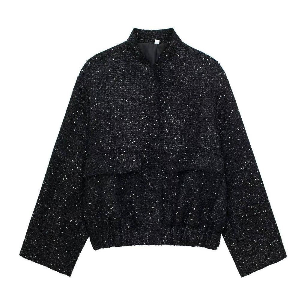 Chaqueta Holgada Dorada de Lentejuelas de Otoño para Mujer Brillante Manga Larga Casual Chaqueta Bomber con Bolsillos Abrigos de Moda Femenina