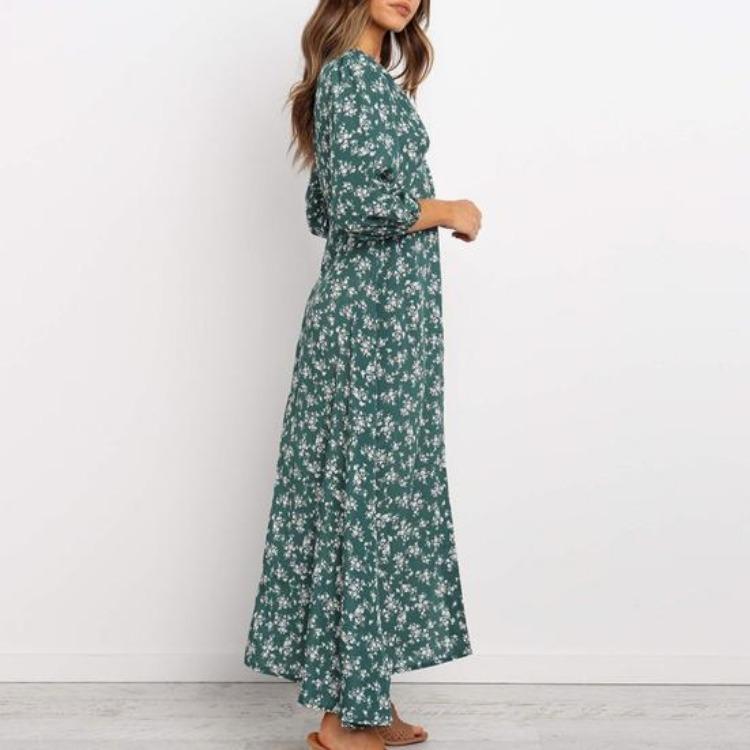 Floral Print Maxi Dress for Women Long Sleeve V Neck High Waist A Line Long Dress Casual Wear for Beach Weddings Parties
