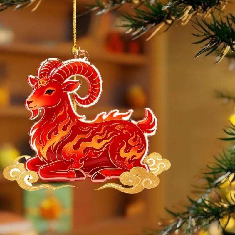 2D Flat Acrylic Hanging Ornament Red Gold Winged Goat Acrylic Pendant Christmas Tree Decoration Lunar New Year Holiday Gift